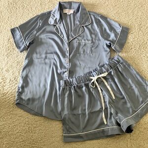 Cozy Blue Satin Pajama Set with Piping - Women size Large